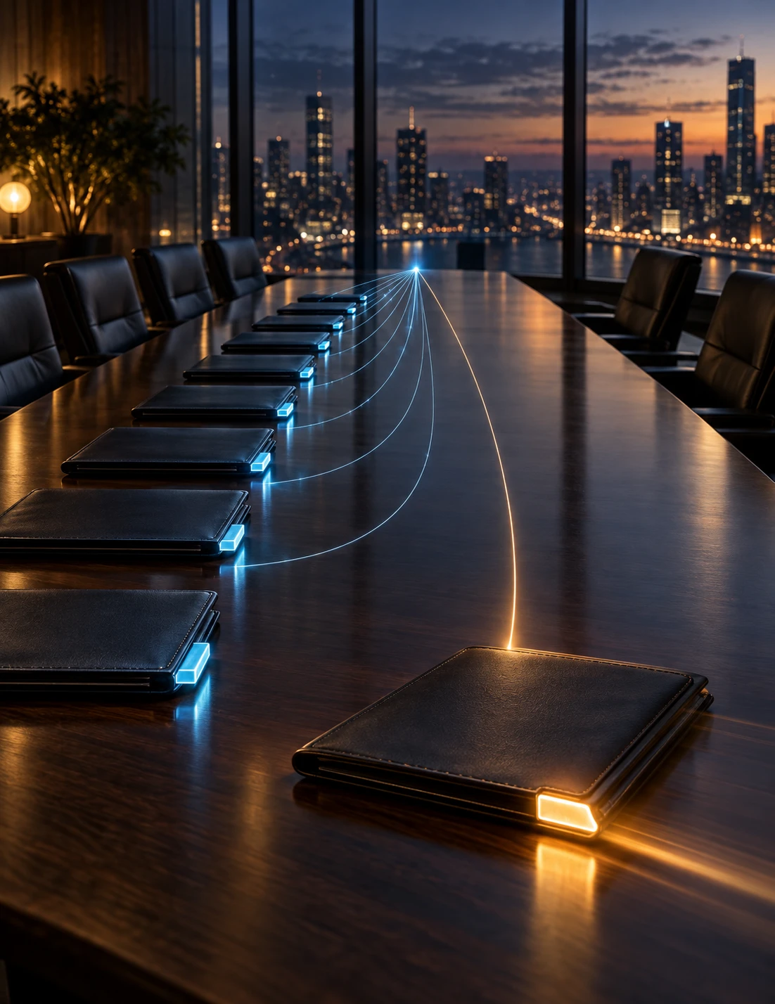 A long conference table at dusk with a row of leather folders, each marked by a blue glow, and one more folder with an amber glow arriving last